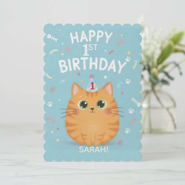 Convite Cute Orange Tabby Cat 1st Birthday | Customizable  (Em pé/Frente)