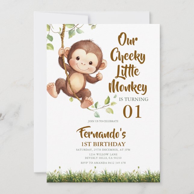 Convite Cute Our Cheeky Little Monkey Safari 1st Birthday  (Frente)