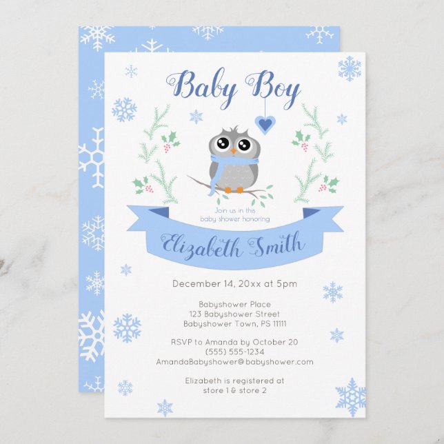 Convite Cute owl baby boy winter babyshower (Frente/Verso)
