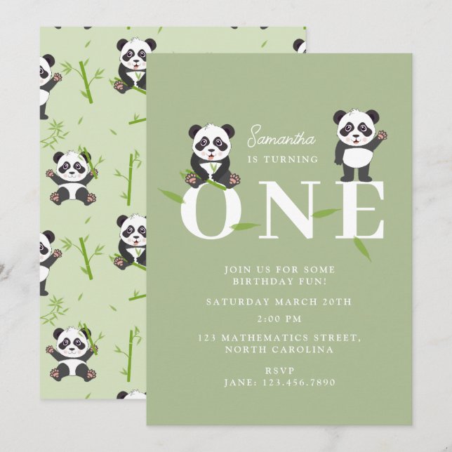 Convite Cute Panda Bear Kawaii Kids First One Birthday (Frente/Verso)
