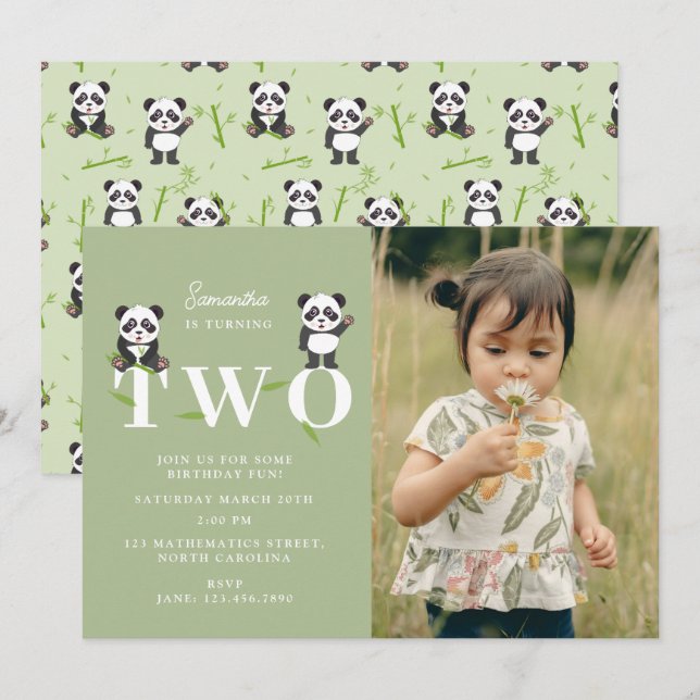 Convite Cute Panda Bear Kawaii Kids Two 2 Birthday Photo (Frente/Verso)