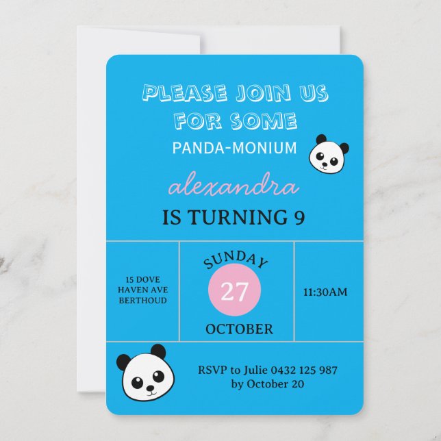 Convite Cute Panda Bear Party Invitation – Personalized  (Verso)