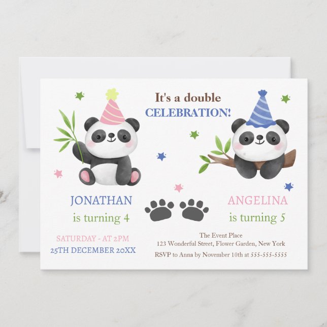 Convite Cute Panda Boy and Girl Joint Birthday  (Frente)
