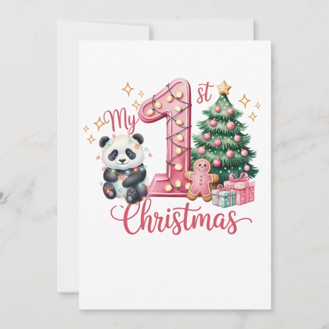 Convite Cute Panda Pink My First Christmas Birthday (Frente)