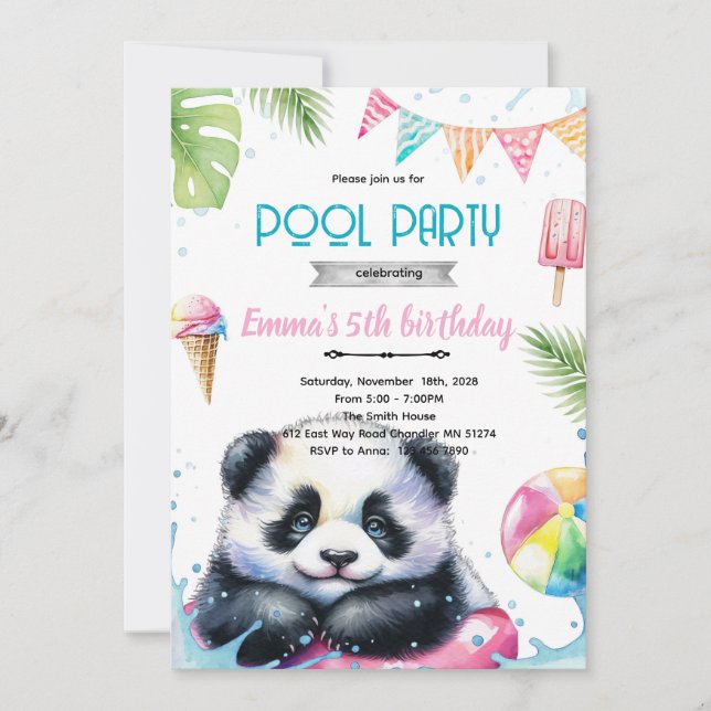 Convite Cute panda pool theme invite (Frente)