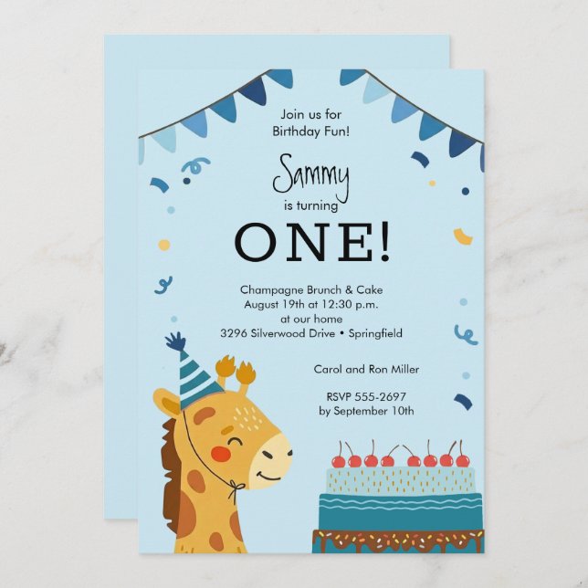 Convite Cute Party Animal Boy 1st Birthday (Frente/Verso)