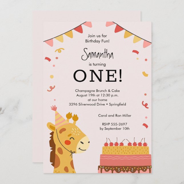 Convite Cute Party Animal Girl 1st Birthday (Frente/Verso)
