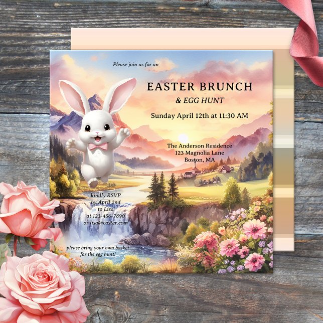 Convite Cute Pastel Bunny Ovo Páscoa Brunch (Easter brunch and egg hunt invitation featuring a pastel landscape painting with a happy bunny)