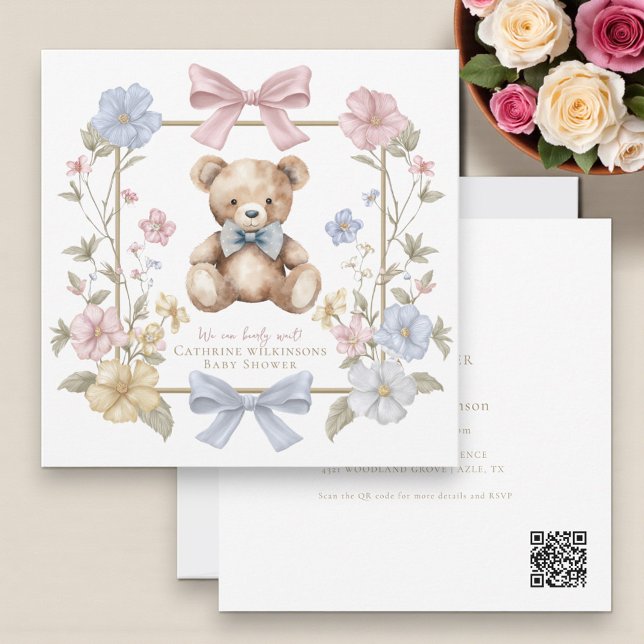 Convite Cute pastel Floral Teddy Bear Baby Shower QR code  (Criador carregado)