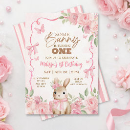 Convite Cute Pastel Pink Bunny Floral Birthday 