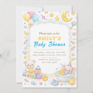 Convite Cute Pastel Teddy Bear & Elephant Baby Shower 