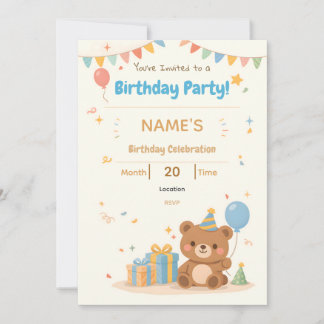 Convite Cute Pastel Teddy Bear Kids Birthday Invitation