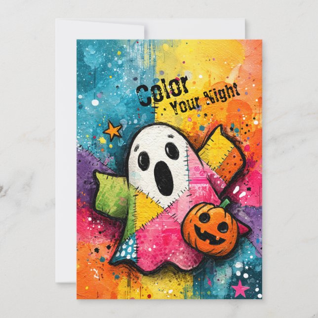 Convite Cute Patchwork Ghost Colorful Splatter Art (Frente)