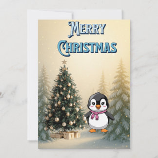 Convite Cute Penguin & Christmas Tree Flat Holiday Card