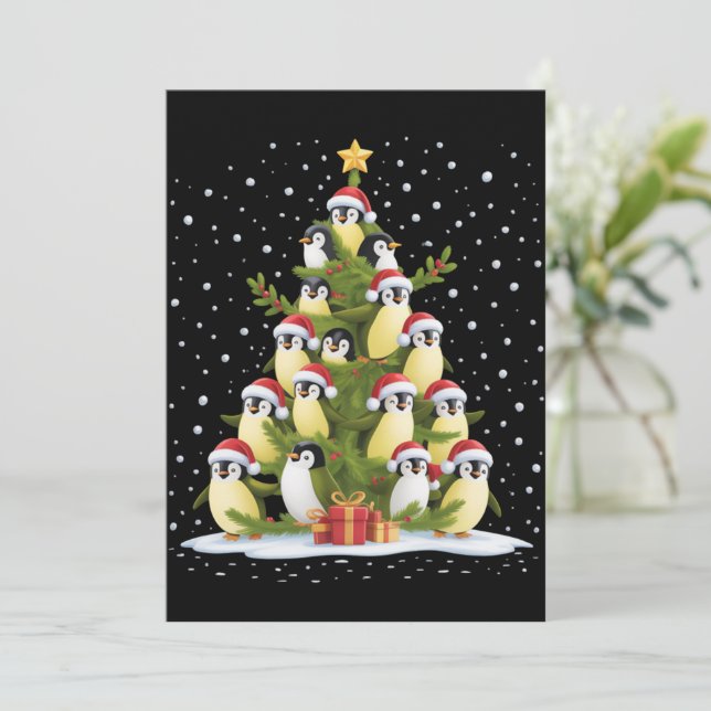 Convite Cute Penguin Christmas Tree Funny Holiday (Em pé/Frente)