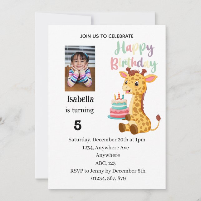 Convite Cute Personalised Giraffe Birthday Party (Frente)