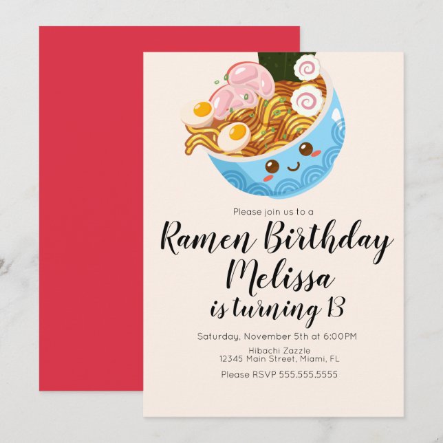 Convite Cute Pho Oriental Ramen Jantar de Aniversário  (Frente/Verso)