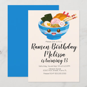 Convite Cute Pho Ramen Oriental de Aniversário Jantar Azul