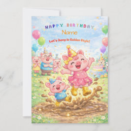 Convite Cute Pig Golden Boots Muddy Puddle Party Kids