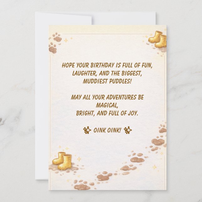 Convite Cute Pig Golden Boots Muddy Puddle Party Kids (Verso)