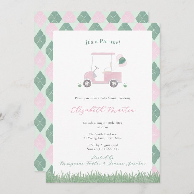 Convite Cute Pink And Green Golf Theme Baby Girl Shower (Frente/Verso)