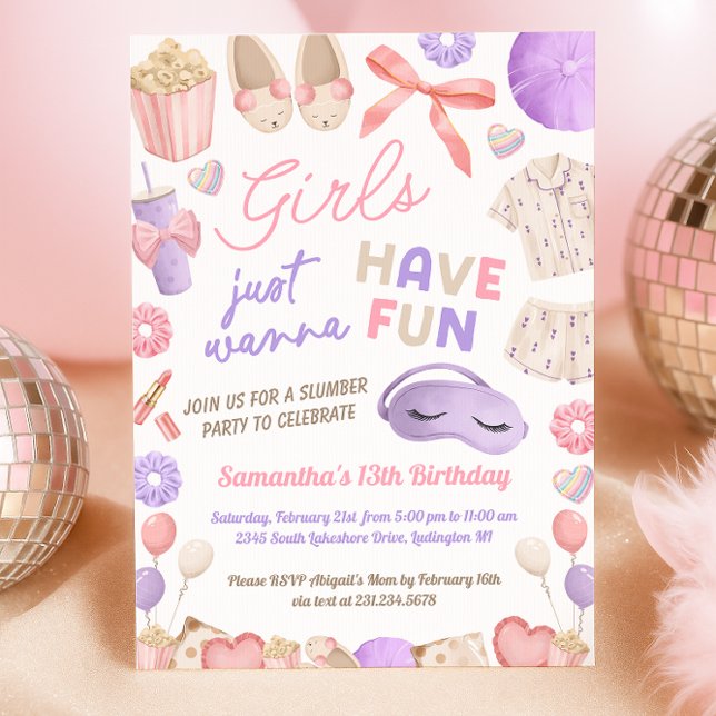 Convite Cute Pink and Purple Slumber Party Birthday (Sleepover Birthday Party Invitation)