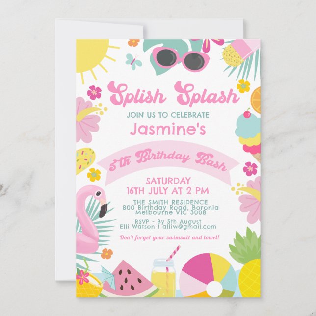 Convite Cute Pink Banner Retro Splish Splash 5th Birthday (Frente)