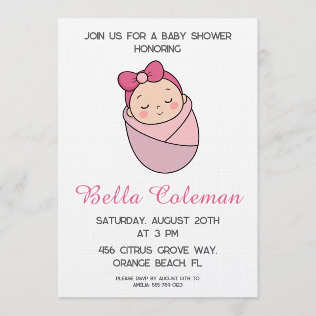 Convite cute pink bow baby shower invitation (Frente)