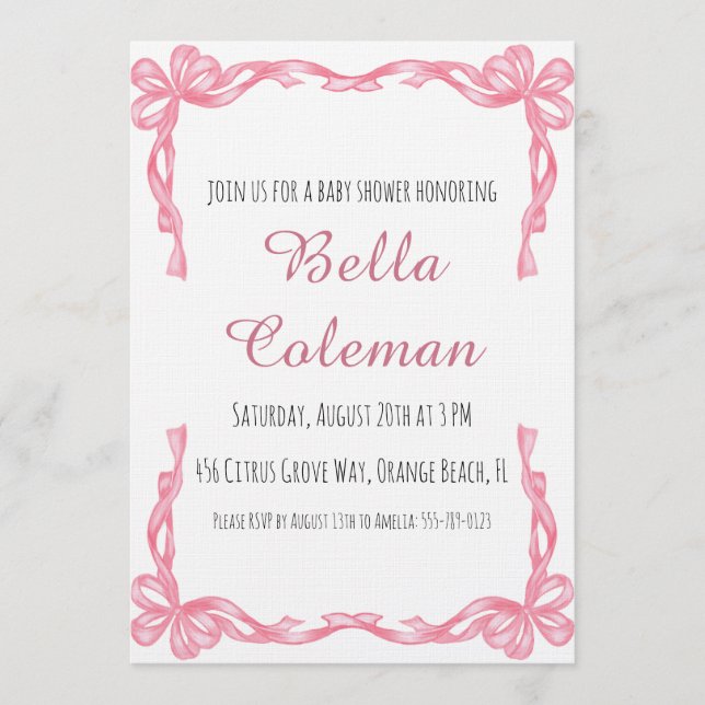 Convite cute pink bow baby shower invitation (Frente)