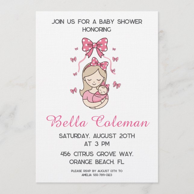 Convite cute pink bow baby shower invitation (Frente)