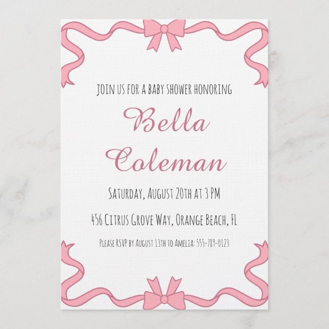 Convite cute pink bow baby shower invitation (Frente)
