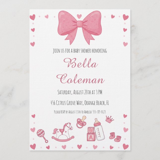 Convite cute pink bow baby shower invitation (Frente)