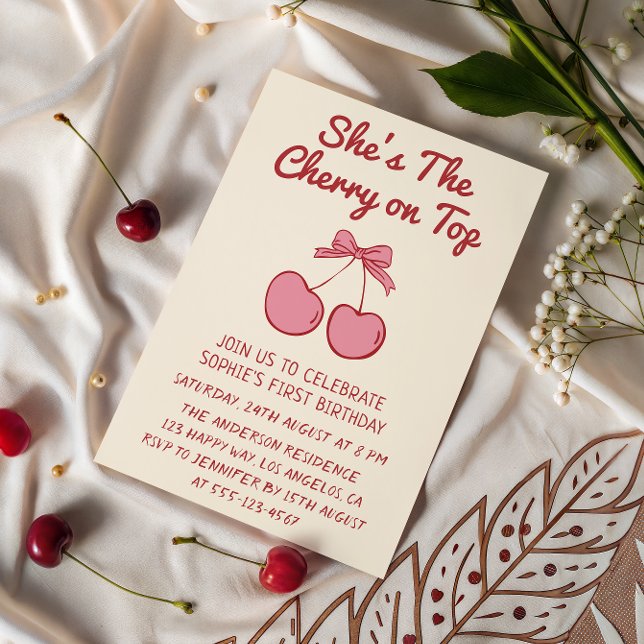 Convite Cute Pink Bow Cherry on Top First Birthday (Criador carregado)