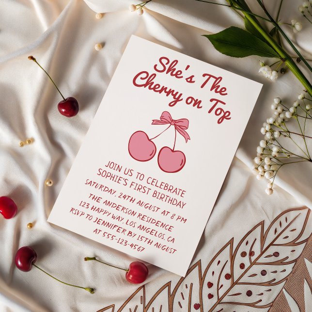 Convite Cute Pink Bow Cherry on Top First Birthday (Criador carregado)