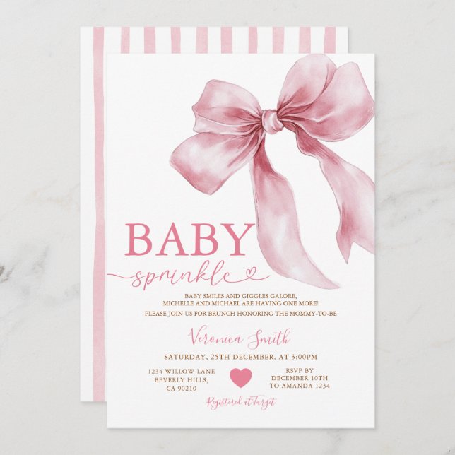 Convite Cute Pink Bow Coquette Baby Sprinkle Baby Shower (Frente/Verso)