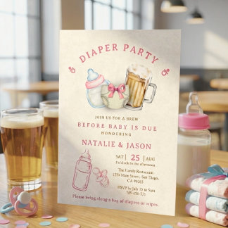 Convite Cute Pink Bow Diaper Beer Baby Shower