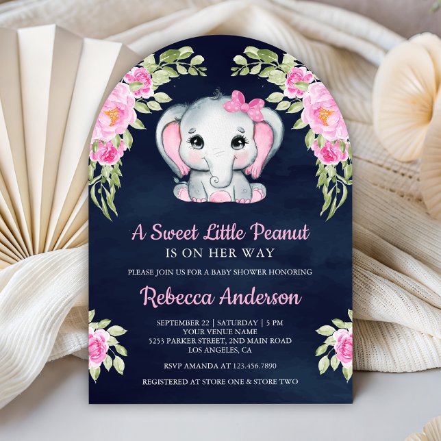 Convite Cute Pink Bow Floral Elephant Navy Baby Shower (Criador carregado)