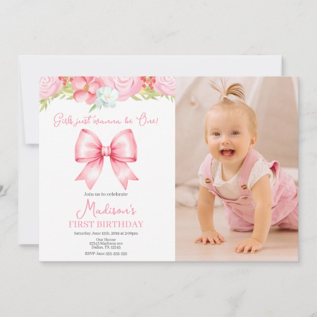 Convite Cute Pink Bow Girl First Birthday Photo Invitation (Frente)