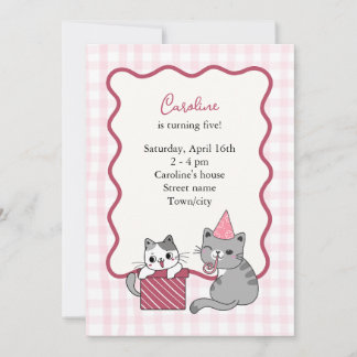 Convite Cute Pink Cat Kid's Birthday Party