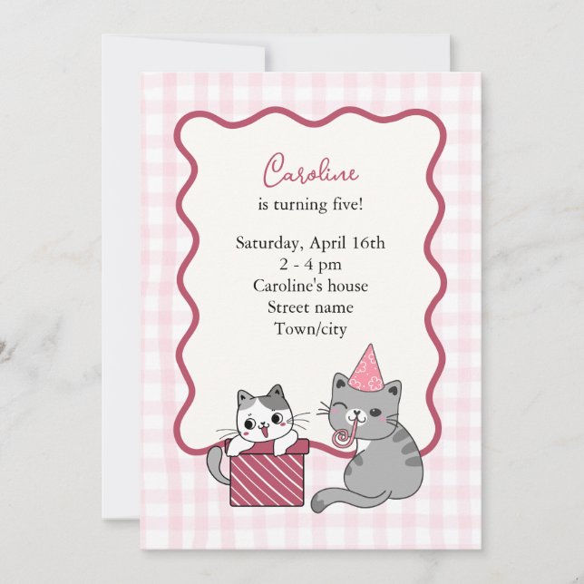 Convite Cute Pink Cat Kid's Birthday Party (Frente)