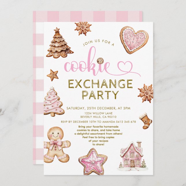 Convite Cute Pink Christmas Cookie  Exchange Party  (Frente/Verso)