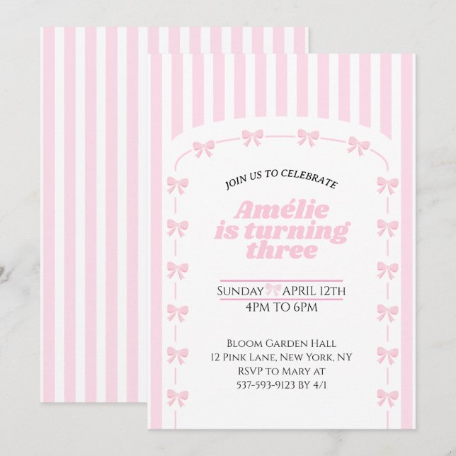 Convite Cute Pink Coquette Bow 3rd Birthday Girl  (Frente/Verso)
