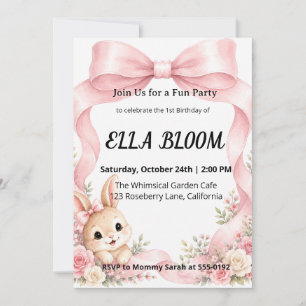 Convite Cute Pink Coquette Bow Bunny Aniversário de 1 ano