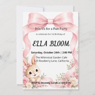 Convite Cute Pink Coquette Bow Bunny Aniversário de 1 ano
