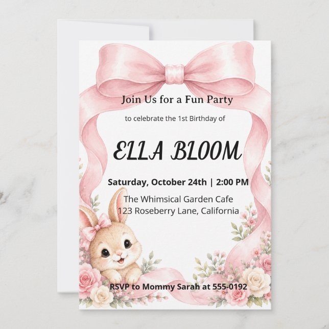 Convite Cute Pink Coquette Bow Bunny Aniversário de 1 ano (Frente)