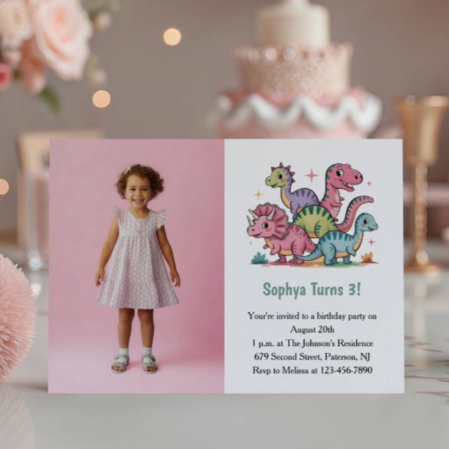 Convite Cute Pink Dinosaur Photo Kids 3rd Birthday Party (Criador carregado)