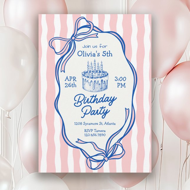 Convite Cute Pink Doodle Frame and Bows 5th Birthday (Available in both printed and instant download digital formats.)