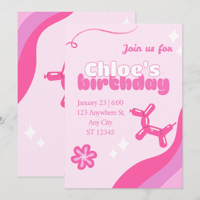 Convite Cute pink editable birthday invite (Frente/Verso)