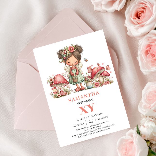Convite Cute Pink Fairy 7th Birthday Floral Party Invite (Cute Pink Fairy 7th Birthday Floral Party Invitation)