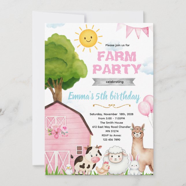 Convite Cute pink farm barnyard invitation (Frente)